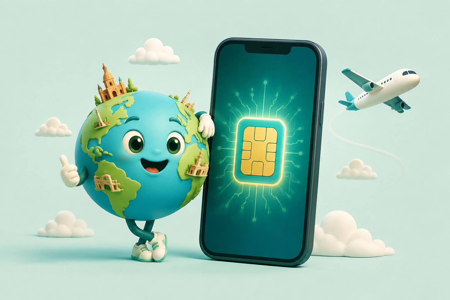 Vidám földgömb egy digitális SIM-et megjelenítő telefon mellett, repülővel és felhőkkel