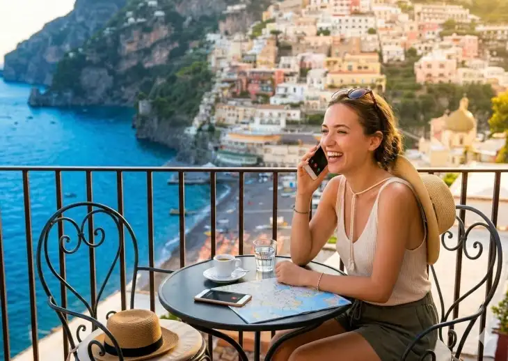 Utazó telefonál egy olasz tengerparti városban